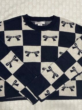 Sincerly Jules Navy and Cream Checkerboard Bow Knit Sweater